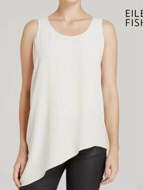 Eileen Fisher Silk Georgette Asymmetrical Sleeveless Tank in Bone Sz.M